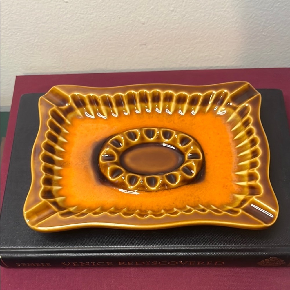 Brinn’s Pottery MCM Vintage 1950s Brown & Orange Glaze Ashtray‎ Trinket Dish